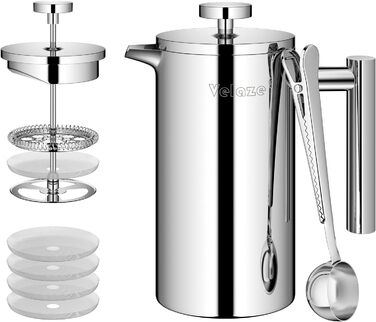 Velaze French Press Stainless Steel Coffee Maker, 350ML Coffee Maker for 2-3 Cups, Double-Walled French Coffee Press, Elegant Design, Coffee Pot with 5 Stainless Steel Filters and 1 Spoon