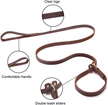 Wellbro Dog Leash made of Genuine Leather, Soft, Adjustable Pet Retriever Leash with Slider, Durable, 1.8 m long x 1.8 cm wide, Brown (brown, 5 Feet)