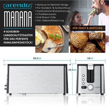Тостер Arendo з нержавіючої сталі, 4 слоти, підігрів, підставка для бургерів, 1400 Вт, лоток для крихт, дисплей з таймером, сріблястий