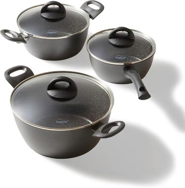 STONELINE Ceramic Cookware Set, 6-Piece, 18/20/24cm Pots with Lids. PFAS-Free, Non-Stick Pot. Suitable for Induction and All Cooktops with Ceramic Coating and Real Stone Particles. Cookware Set, Grey, 6-Piece