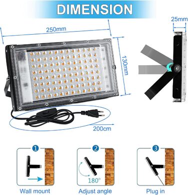 100W LED Floodlight, Plug-in LED Floodlight, 2 Pieces 10000 Lumen LED Floodlight 3000K Warm White Outdoor Floodlight with IP65 Waterproof for Bright Garden Garage Sports Field