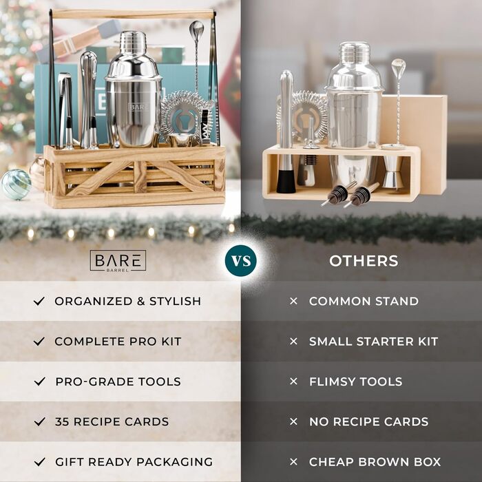 Набір бармена для приготування коктейлів, 12 предметів: шейкер, аксесуари, дерев'яний підставка, рецепти, подарунковий набір для дому, 24oz Cobbler Shaker