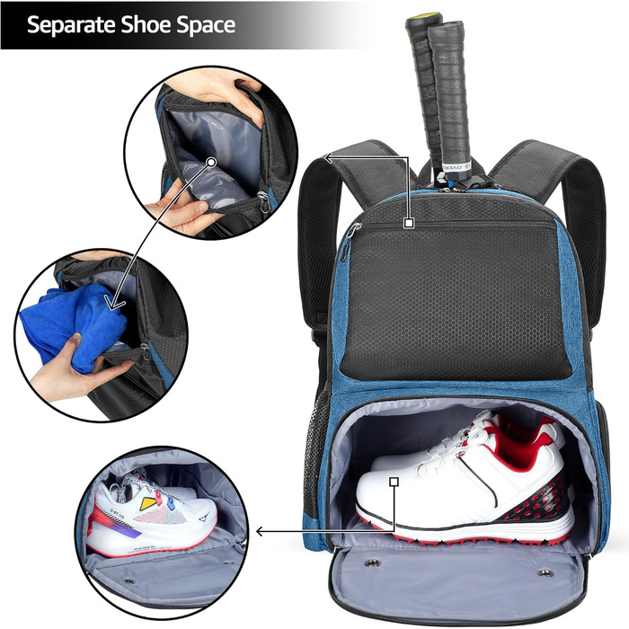 Рюкзак для тенісу DSLEAF з відділенням для взуття, сумка для 2 ракет, з м'якими лямками, вентильоване відділення для взуття, для жінок та чоловіків (блакитний)