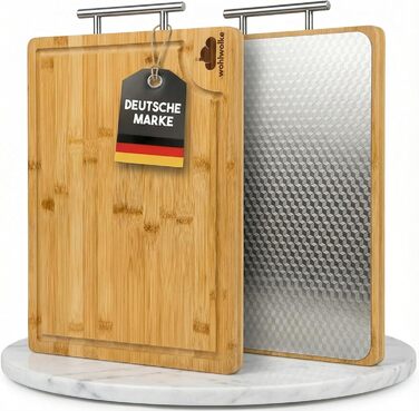 Двостороння обробна дошка з нержавіючої сталі та бамбуку | Кухонна дошка з жолобком для соку та металевим руків'ям | Антибактеріальна дерев'яна дошка для кухні | Велика дошка з бамбуку | Розділочна дошка 40x30x2 см