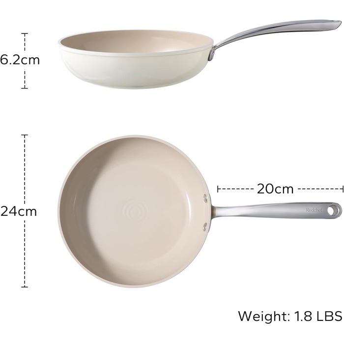 Набір сковорідок Redchef з керамічним покриттям, алюміній, індукційні, 20/24/28 см, для всіх типів плит, без PTFE, PFAS, PFOA, для духовки (24 см, Бежевий)