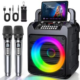 Портативна караоке-колонка Dislocati з 2 мікрофонами, 20W, LED-підсвітка, Bluetooth 5.3, AUX/USB, до 12 годин роботи - ідеальний подарунок для дітей та дорослих, чорний колір