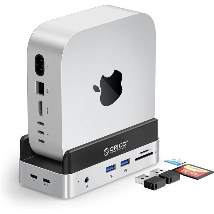 ORICO MiniDock: Док-станція та підставка для Mac mini M4/M4 Pro з корпусом для NVMe SSD, хаб USB-C з 4K HDMI, DisplayPort, SD/TF 3.0, USB-C/A 10Gbps, PD 100W - VS10 (6-in-1, 2TB)