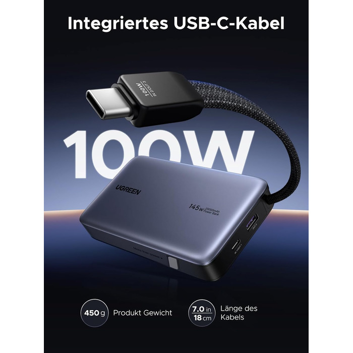Power Bank UGREEN Nexode 20000mAh 145W з USB-C кабелем, для ноутбуків та смартфонів (Samsung, iPhone, Dell)