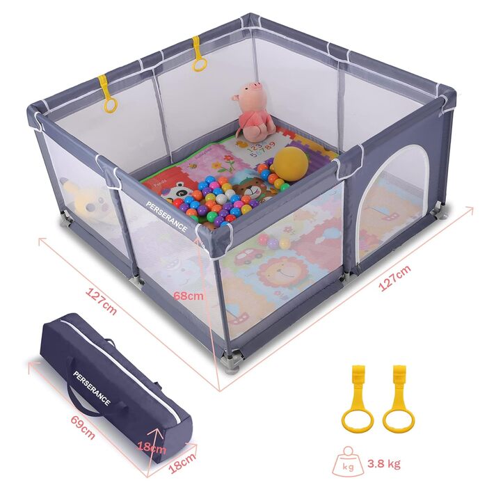 PERSEVERANCE Playpen Baby 127x127cm, Baby Safety Gate with Breathable Mesh, Protective Barrier, Crawling Fence for Children, Safety Play Area