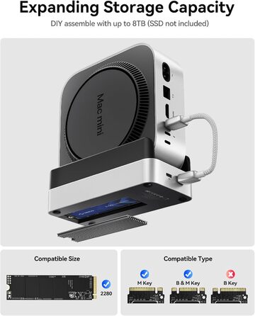 ORICO MiniDock: Док-станція та підставка для Mac mini M4/M4 Pro з корпусом для NVMe SSD, USB-C хаб з 4K HDMI, DisplayPort, SD/TF 3.0, USB-C/A 10Gbps, PD 100W - VS10 (6-в-1, DIY)