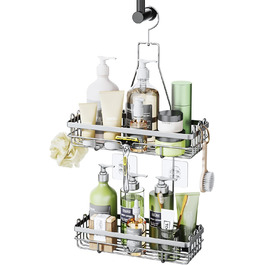 HapiRm Shower Shelf for Hanging, Hanging Shower Rack with Multiple Hooks - High-Quality Hanging Shower Basket Stainless Steel, No Drilling Required, Silver