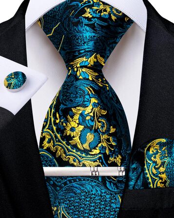 Краватка чоловіча Paisley з шовку, нагрудна хустинка, краваттянка, затискач для краватки - DiBanGu, для весілля та балу (Павіо-блакитний)