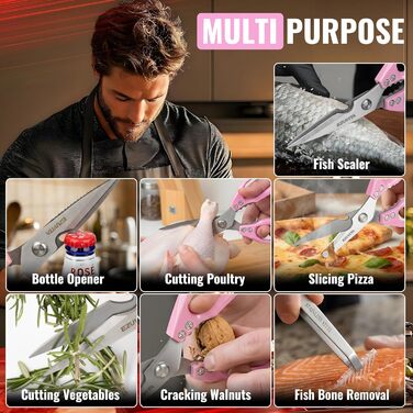 Кухонні ножиці 5-в-1 з пінцетом, титанове покриття, нержавіюча сталь, для кухні, птиці, риби, м'яса (чорний & рожевий)