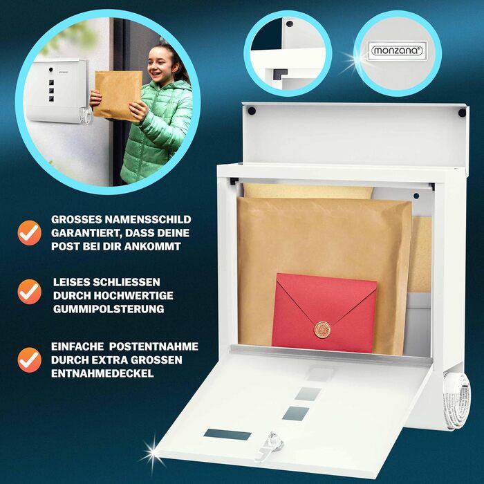 Поштовий ящик Monzana Kreuzschloss з мідним циліндром, поворотна кришка 31x10x34 см, вікно, табличка для імені, відділ для газет, сталь, 2 ключі, чорно-срібний (білий)