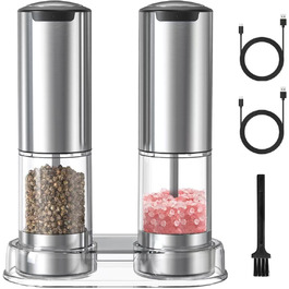 Rechargeable Electric Salt and Pepper Grinder Set with Base, Stainless Steel Spice Grinders with 95ml Transparent Container, White LED Light, and Adjustable Coarseness