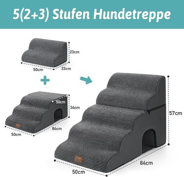 Dog stairs for small dogs, pet stairs for loft beds made of high-density foam, dog stairs/ramp with washable cover (83x50x57cm - Hole, 5.0) (Black and Gray)