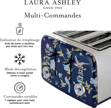 Тостер VQ Laura Ashley з 4-ма тостами, регулюванням нагріву, функцією розморожування та підігріву, нержавіюча сталь, вінтажний дизайн, з насадкою для круасанів (Elveden Marine)