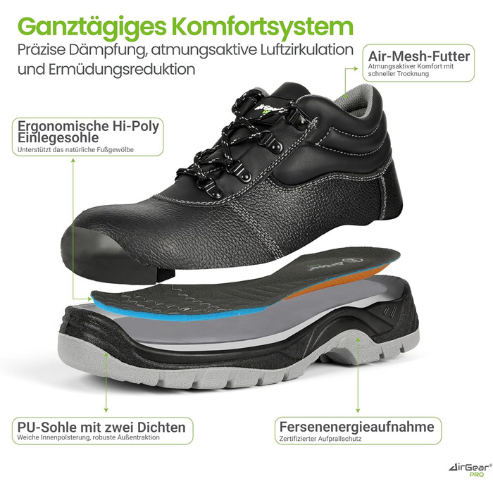 Черевики робочі AirGearPro S3 SRC для чоловіків – сталевий підносок, захист від проколів, неслизька підошва, водонепроникні та дихаючі, 41 EU