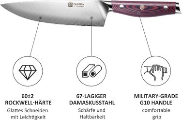 Ніж кухарський Paudin Damastmesser 13 см багатоцільовий з дамаської сталі, з ергономічною рукояткою G10 для м'яса, риби, овочів, хліба та сиру