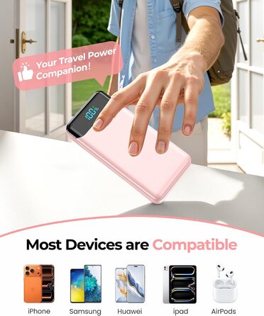 Power Bank Enerwow 27000mAh з USB-C кабелем, 4 порти, LED дисплей - Зовнішній акумулятор для iPhone та інших пристроїв (Рожевий, P300C)