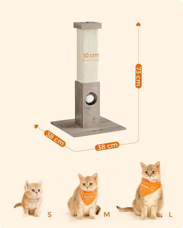 Feandrea Scratching Post, Scratching Trunk, Cat Tree, 10 cm Thick Trunk, Scratching Column Made of Natural Sisal Rope, 73 cm High, with Plush Play Ball, Furniture Scratch Protector, Greige PCA021G01