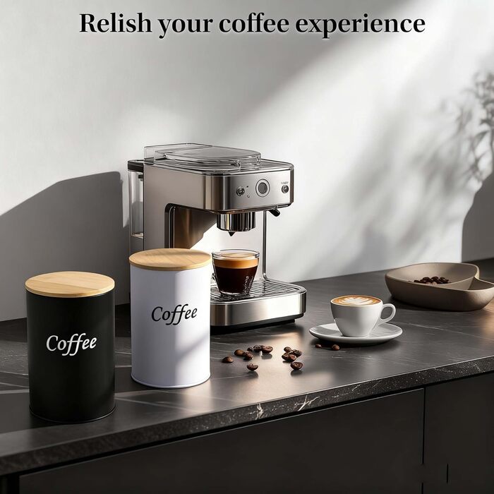 Набір з 2 кавових контейнерів (чорний та білий), 1000 мл, бамбукові кришки, для кавових зерен, меленої кави та капсул – подарунок для пар та поціновувачів кави