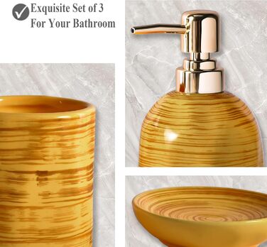 Набір для ванної кімнати на 3 частини, органайзер для ванної з кераміки - тримач для зубних щіток, дозатор мила, мильниця, стильна декор у стилі бохо, аксесуари для ванної кімнати (текстура мармуру, колір Drum-Yellow)