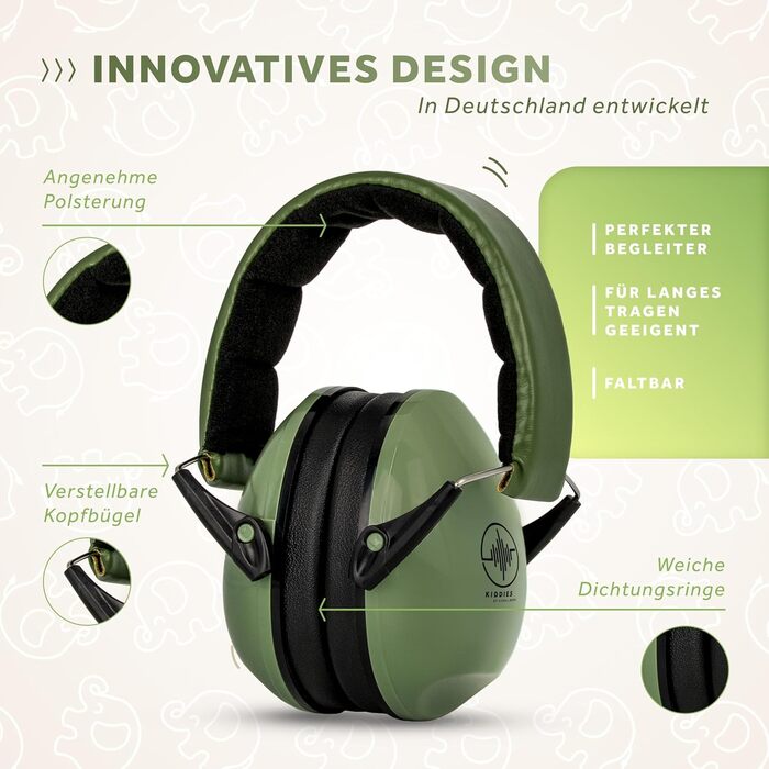 Schallwerk® Kapselgehörschutz Kiddies: Дитячі навушники-захисники від шуму | Навушники для дітей, преміум-якість, захист від шуму, ідеальні для повсякденного використання та заходів (Оливковий зелений)