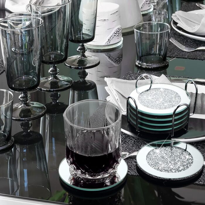 7-Piece Glass Coaster Set, 6 Crystal Coasters with Holder for Drinks, Silver, Glitter, Table, Bar Accessories (round)