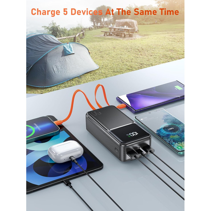 Power Bank 50000mAh з кабелем, швидка зарядка USB-C PD20W/QC22.5W, LED-індикатор, 2 входи/5 виходів, для телефонів, планшетів, подорожей, кемпінгу - Чорний
