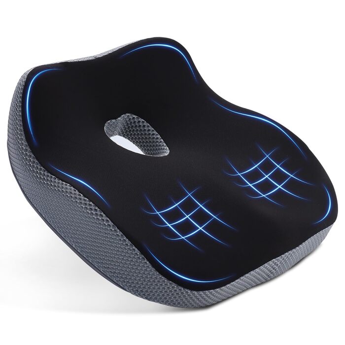 Подушка для офісного крісла з Memory Foam: ортопедична підтримка куприка, зменшення тиску, широка подушка для офісу, авто, інвалідного візка - чорний/сірий