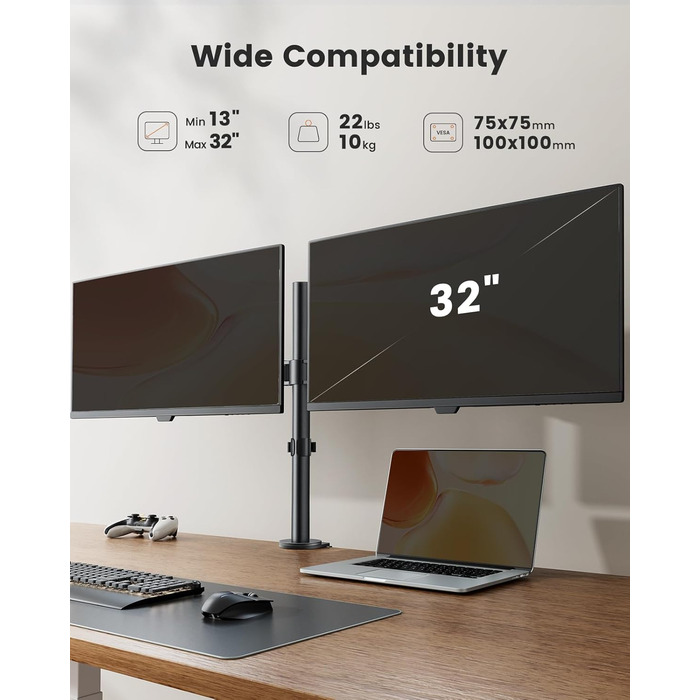 Кріплення для монітора ErGear на 2 монітори (13-32 дюйми), регульоване, поворотне, нахилене, поворотне, VESA 75/100, чорний