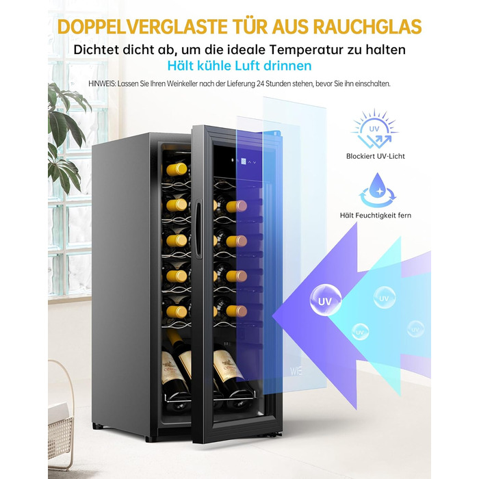 WIE 33L 1-Zone Wine Cooler Fridge - Compact Wine Refrigerator with Glass Door, LED Touch Panel, Anti-UV Protection (18 Bottles)