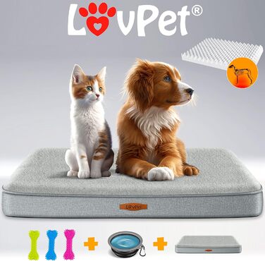 Lovpet® Orthopedic Dog Bed, Dog Cushion, Dog Basket Cookie, Incl. Bowl + 3X Chew Bones, Dog Sofa for Small, Medium & Large Dogs, Removable and Washable Cover, L 91x69x7.6 cm Anthracite (L (91 x 69 x 7.6 cm), Grey / Light Grey)