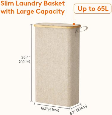 Кошик для білизни Lifewit 65L з кришкою, складаний вузький білизняний контейнер із бамбука з ручкою та мішком для прання, бежевий, для квартири, гуртожитку і кемпера