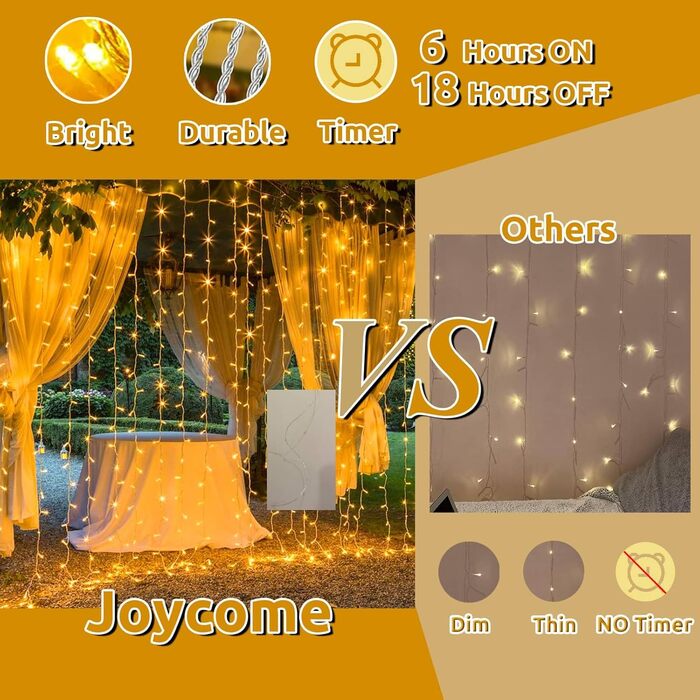 Лампочки-завіса Joycome для декорування приміщень та вулиці, 3м x 3м, 300 LED, 8 режимів, вологостійка, тепле світло, для вікна, балкона, вечірки, намету, весілля, Різдва