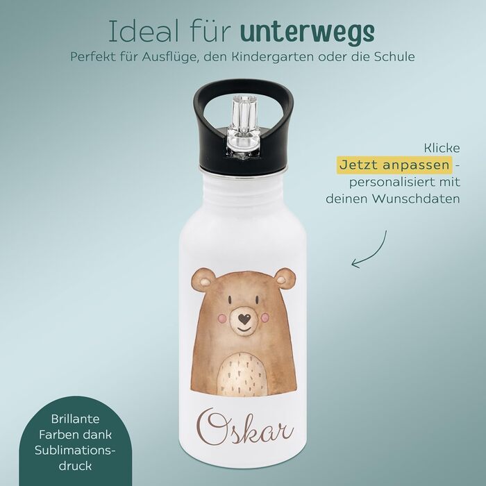 Дитяча персоналізована фляга Wunderwunsch® з нержавіючої сталі, 500 мл - фляга з іменем, з трубочкою, для дітей