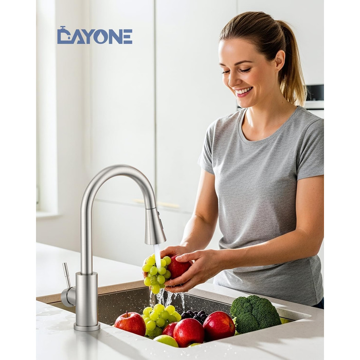 Кухонний змішувач Dayone з висувною лійкою, нержавіюча сталь SUS304, високий тиск, кухонний кран з 2 функціями, поворотна на 360°, для кухні