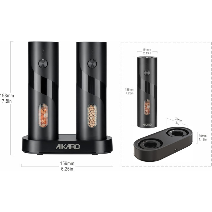 Електрична млинка для солі та перцю Aikarо - автоматична, з акумулятором, перезарядна база в комплекті