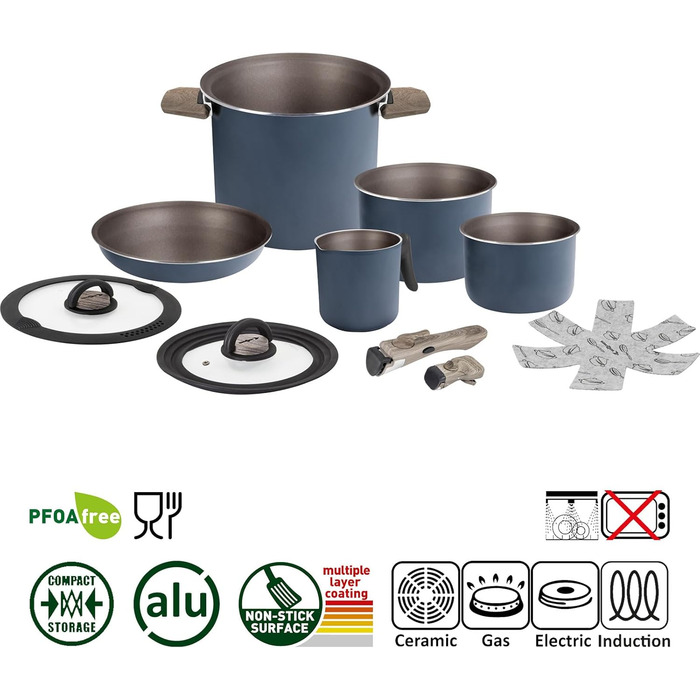 Набір посуду для кемпінгу Brunner HOHES: каструлі та сковорідки з алюмінію (діаметр 18, 20, 22 см), TORRALTA Vakublock, для 2-4 осіб, з антипригарним покриттям, легкий, високоякісний, стакесний.