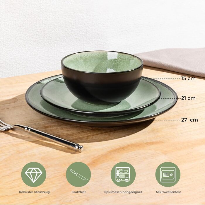 Набір посуду GBhome з реактивної глазурі для 6 осіб (18 предметів), ручної роботи, керамічний, мікрохвильова та посудомийна машина, зелений колір