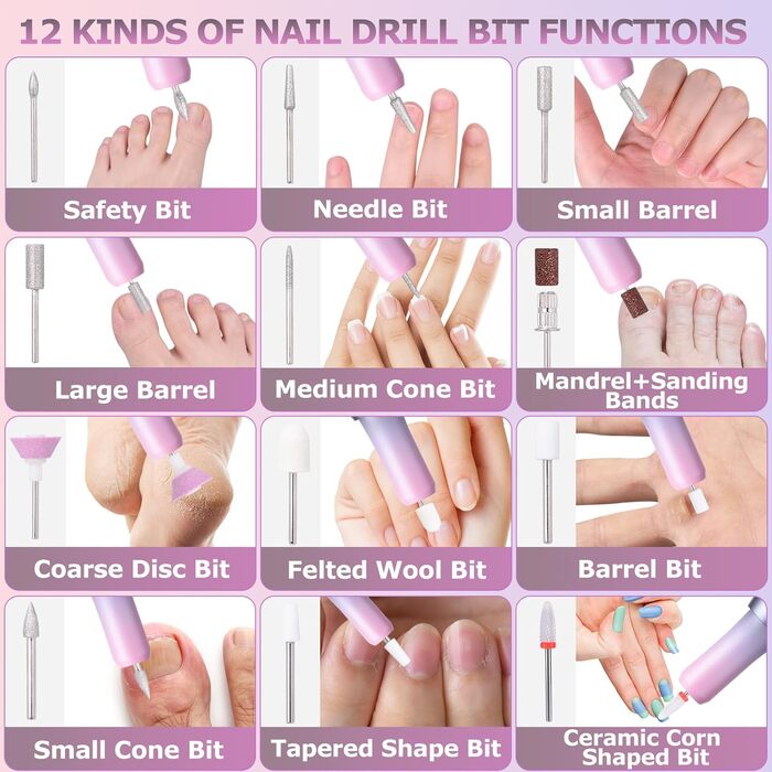 Електричний набір для манікюру та педикюру Nagelfräser: набір для шліфування, полірування та видалення гель-лаку, USB, 30000 об/хв, 3 швидкості, LCD-дисплей, сірий та рожевий
