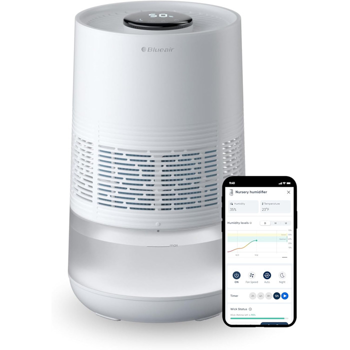 Blueair Premium Smart: Ультразвуковий зволожувач повітря для кімнат до 46 м² | 3.5 л, нічний режим, Auto-режим