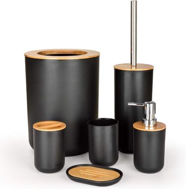 Bathroom Accessories Set - 6Pcs Bathroom Accessories Set made of Bamboo, Lotion Bottles, Toothbrush Holder, Tooth Cup, Soap Dish, Toilet Brush, Trash Can (Set of 6)