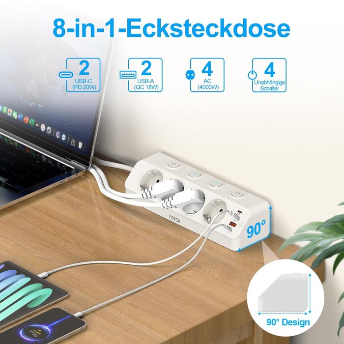 Мережевий адаптер PD 20W з плоским штеплером, розетка FDTEK на 4 слоти з індивідуальним вимикачем, 4000W, 16A, USB-C, розетка для столу з вимикачем, настільна розетка з кабелем 2м (білий)