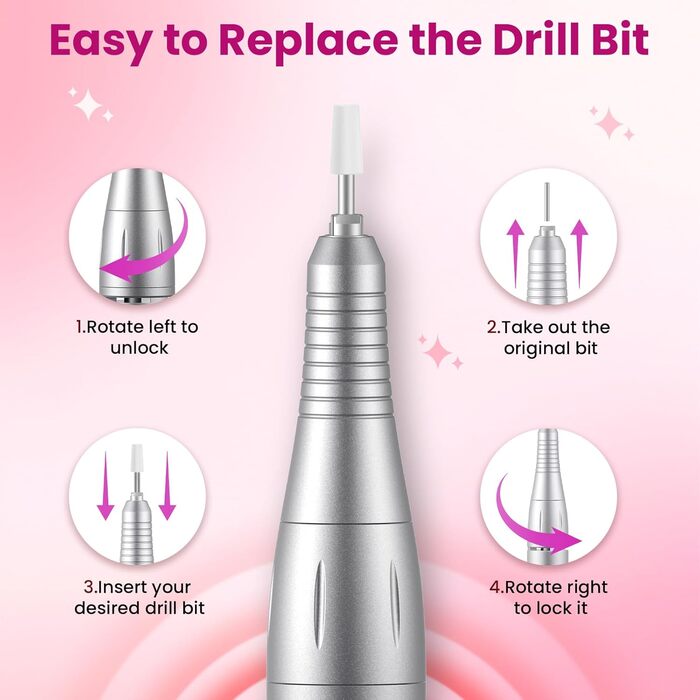 Професійний портативний фрезер для нігтів 45000 об/хв з LCD-дисплеєм (рожевий)