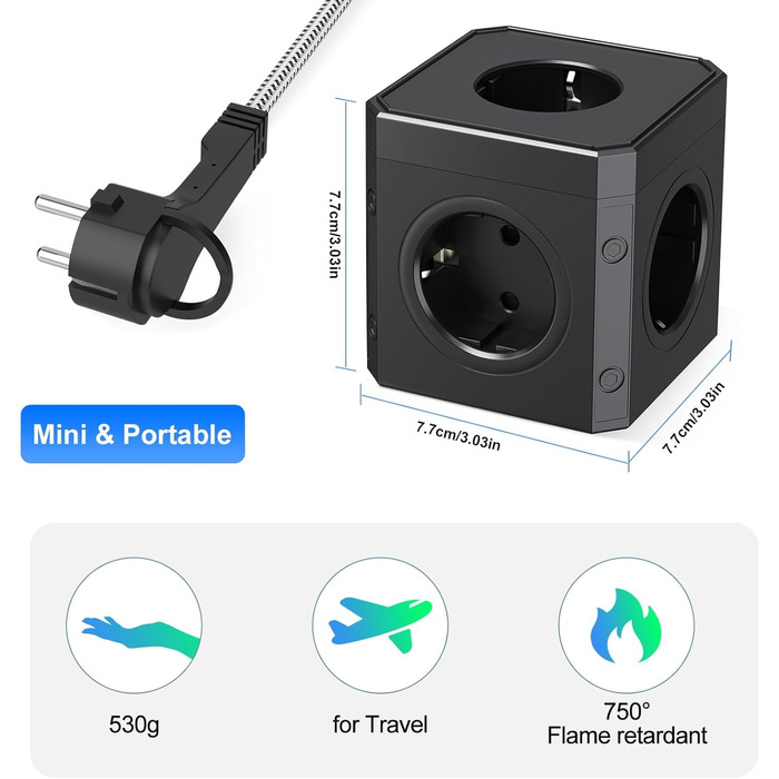 Блок розеток з USB-C, 4 розетки, плоский штекер, індивідуальне вмикання, багатофункціональна розетка-куб з 2м плетеним кабелем для офісу, дому, подорожей - Білий