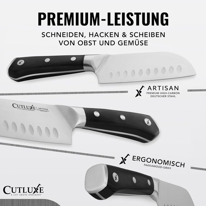 Ніж Cutluxe Santoku 13 см – універсальний ніж для риби, м'яса, суші. Виготовлений з німецької сталі, надзвичайно гострий, ергономічний дизайн