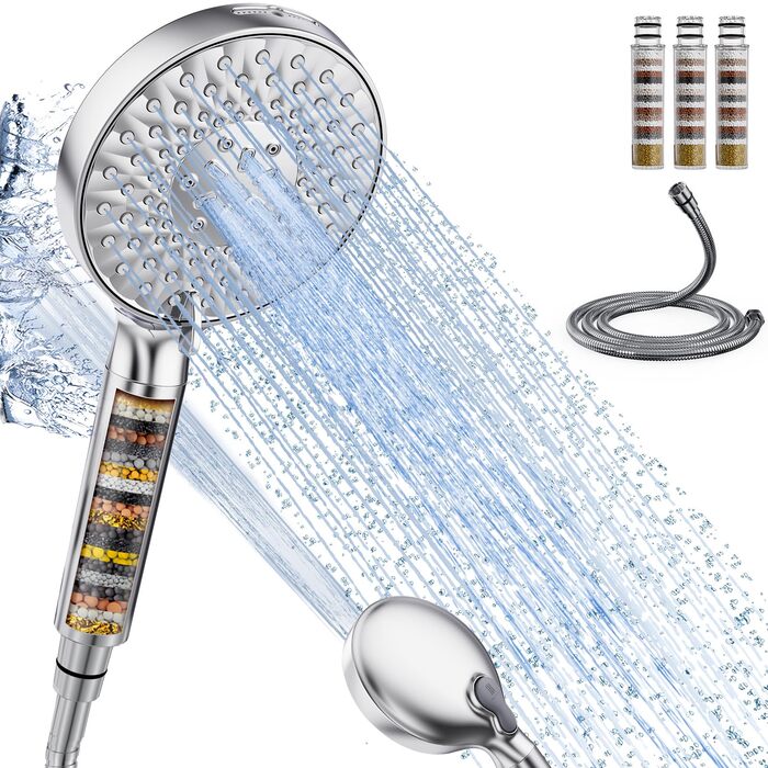Душова лійка SR SUN RISE з фільтром, набір для душу з шлангом та фільтрами, ручна душова лійка з 9 функціями, 4 фільтри, високий тиск для жорсткої води, видаляє залишковий хлор, важкі метали, бактерії, 4-картриджний комбінований фільтр Gold