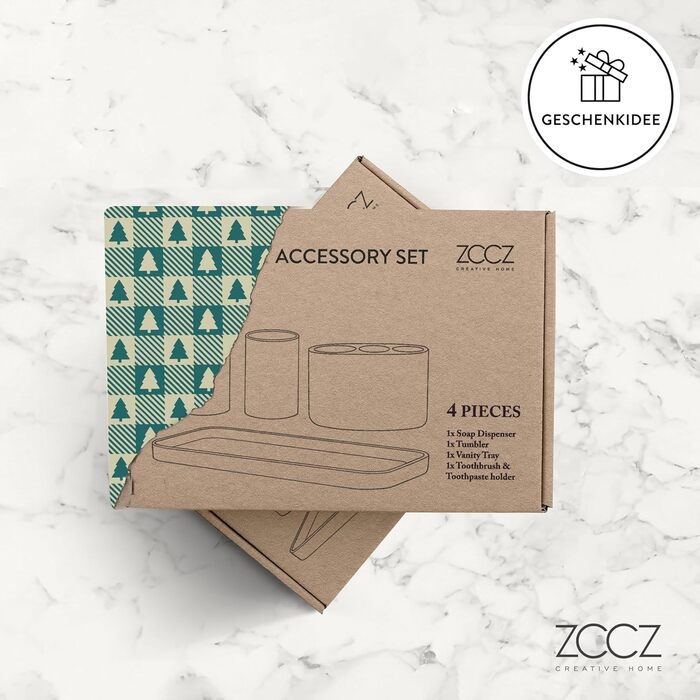 Набір для ванної кімнати ZCCZ 6 предметів: органайзер для зубних щіток, дозатор мила, мильниця, підставка для косметики та ватних паличок. Елегантний декор у мармуровій стилі, пісочний колір (чорний, 4 шт.)